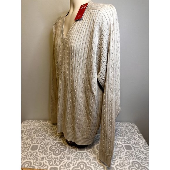 Izod 100% Cotton Beige V-Neck Cable Knit Sweater, NWT, Mens XL, $65 Retail - Picture 3 of 14